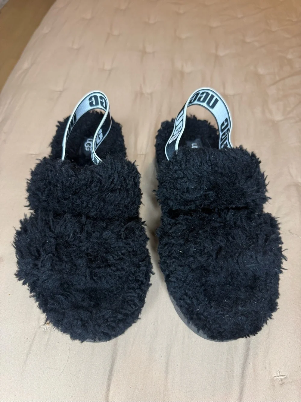 UGG Black Faux-Shearling Platform Slide Sandals